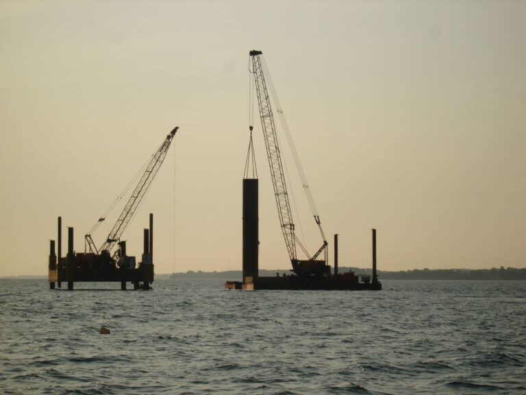 View of barges on Lake Ontario installing intake