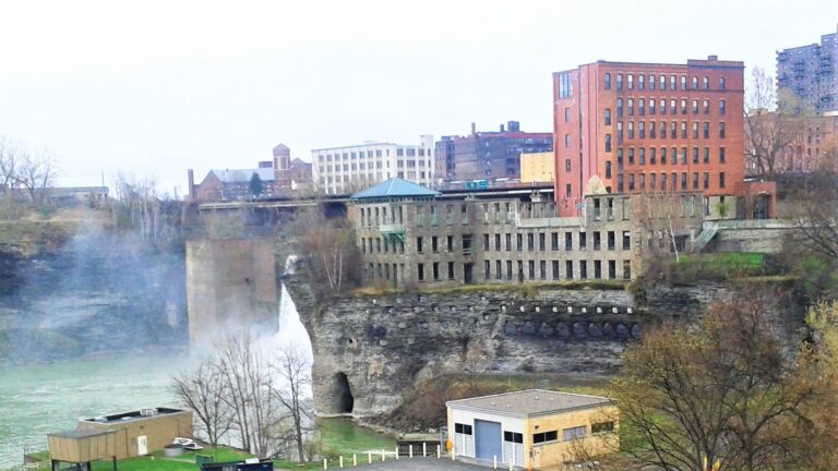 View of High Falls and rock slope beneath the Gorsline Building