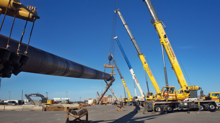 Cranes suspending pipe for HDD installation